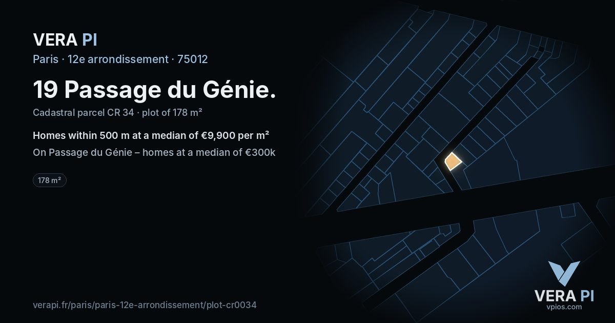 19 Passage du Génie, 12e arrondissement at night – the plot lit, the parcels around coloured by the prices near them