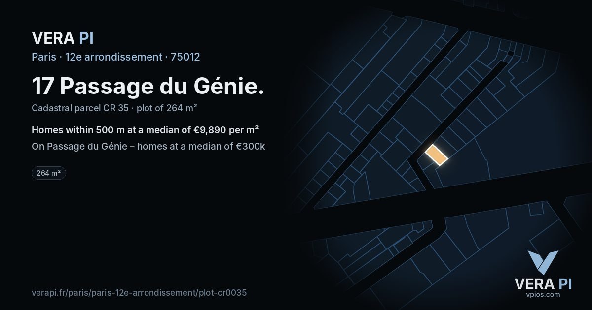 17 Passage du Génie, 12e arrondissement at night – the plot lit, the parcels around coloured by the prices near them