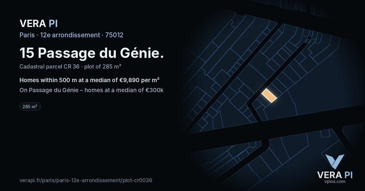 15 Passage du Génie, 12e arrondissement at night – the plot lit, the parcels around coloured by the prices near them