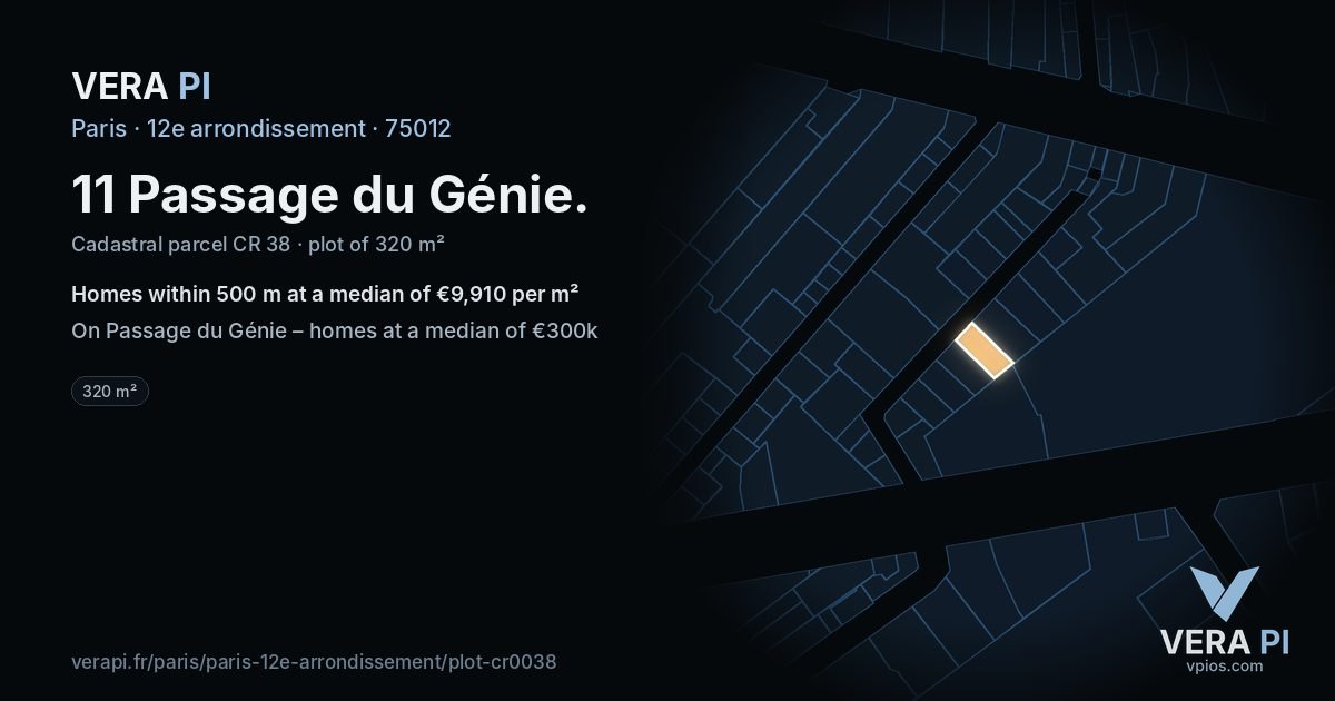11 Passage du Génie, 12e arrondissement at night – the plot lit, the parcels around coloured by the prices near them