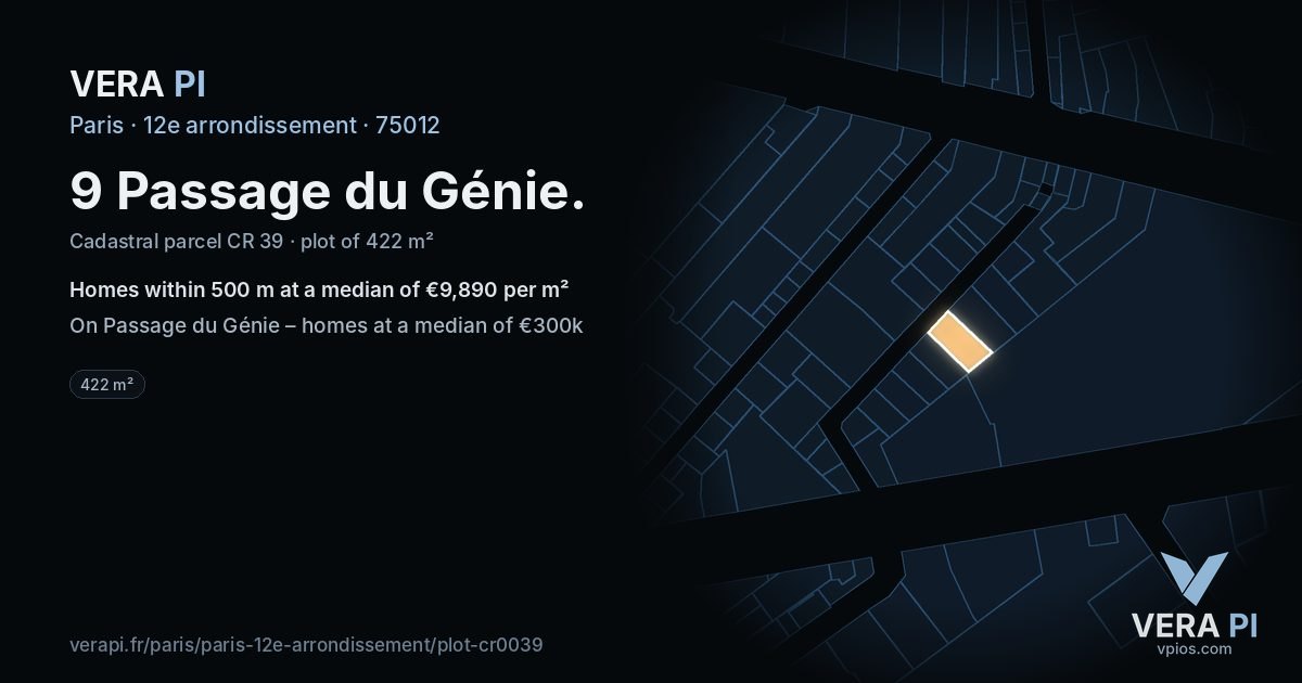 9 Passage du Génie, 12e arrondissement at night – the plot lit, the parcels around coloured by the prices near them
