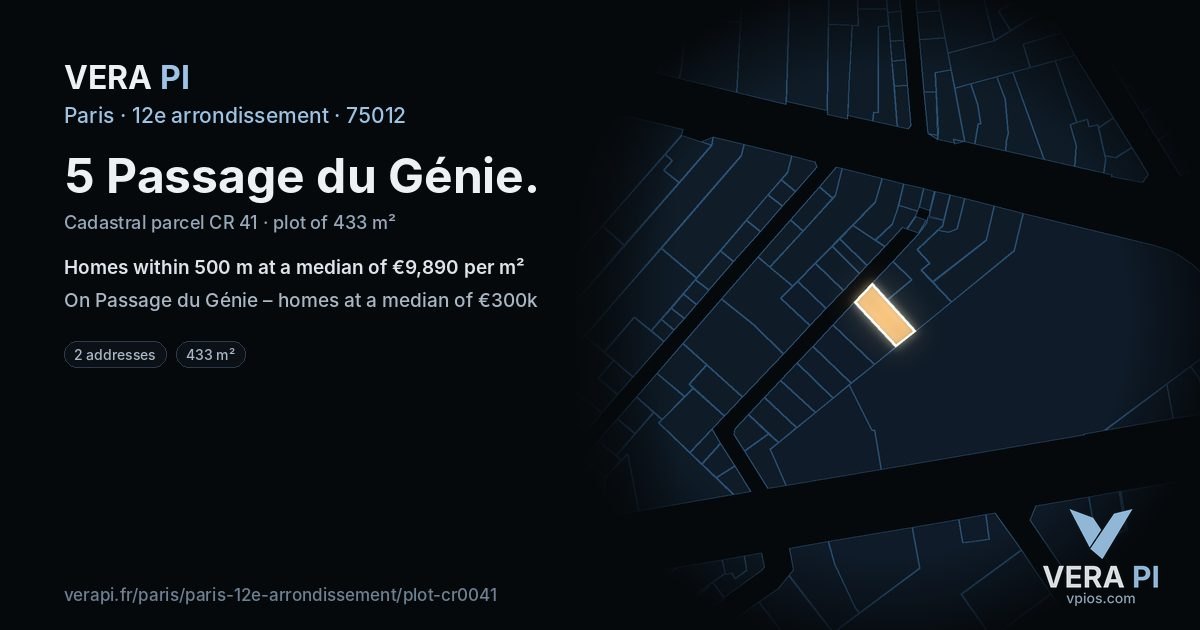 5 Passage du Génie, 12e arrondissement at night – the plot lit, the parcels around coloured by the prices near them