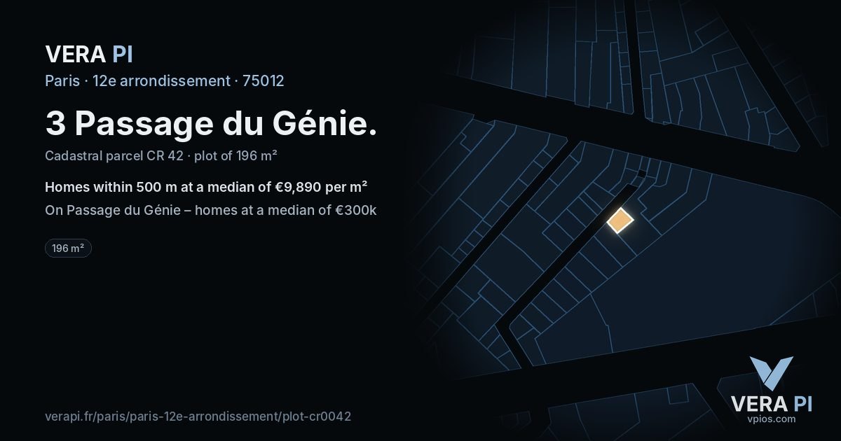 3 Passage du Génie, 12e arrondissement at night – the plot lit, the parcels around coloured by the prices near them