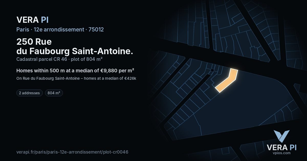 250 Rue du Faubourg Saint-Antoine, 12e arrondissement at night – the plot lit, the parcels around coloured by the prices near them