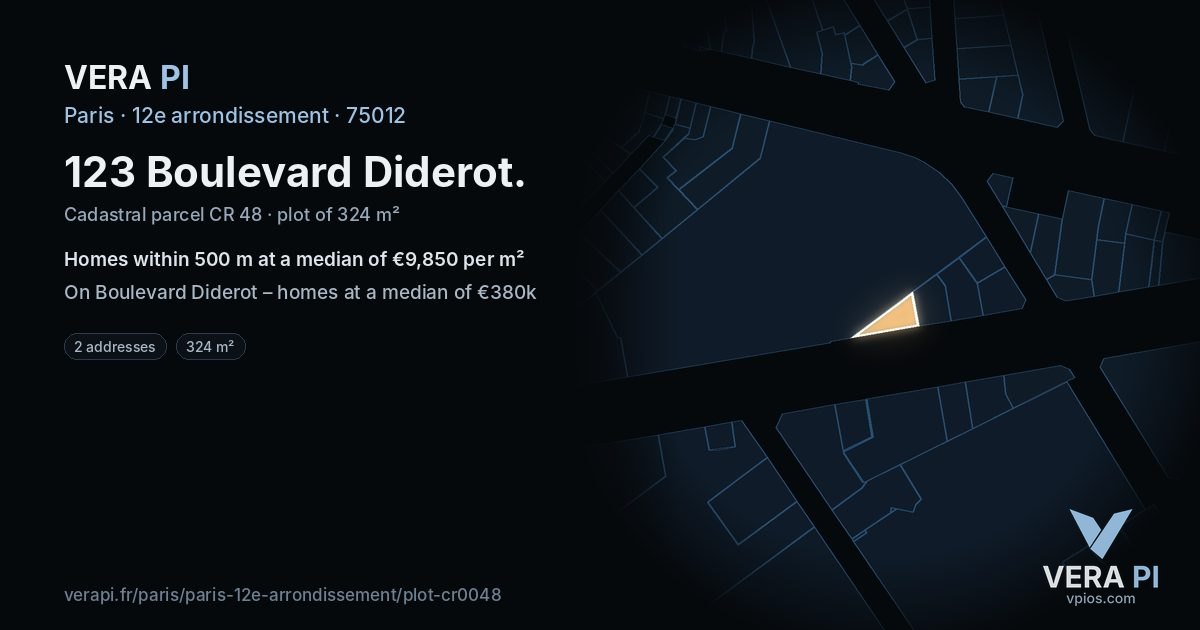123 Boulevard Diderot, 12e arrondissement at night – the plot lit, the parcels around coloured by the prices near them