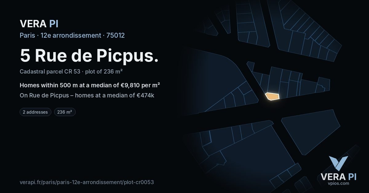 5 Rue de Picpus, 12e arrondissement at night – the plot lit, the parcels around coloured by the prices near them