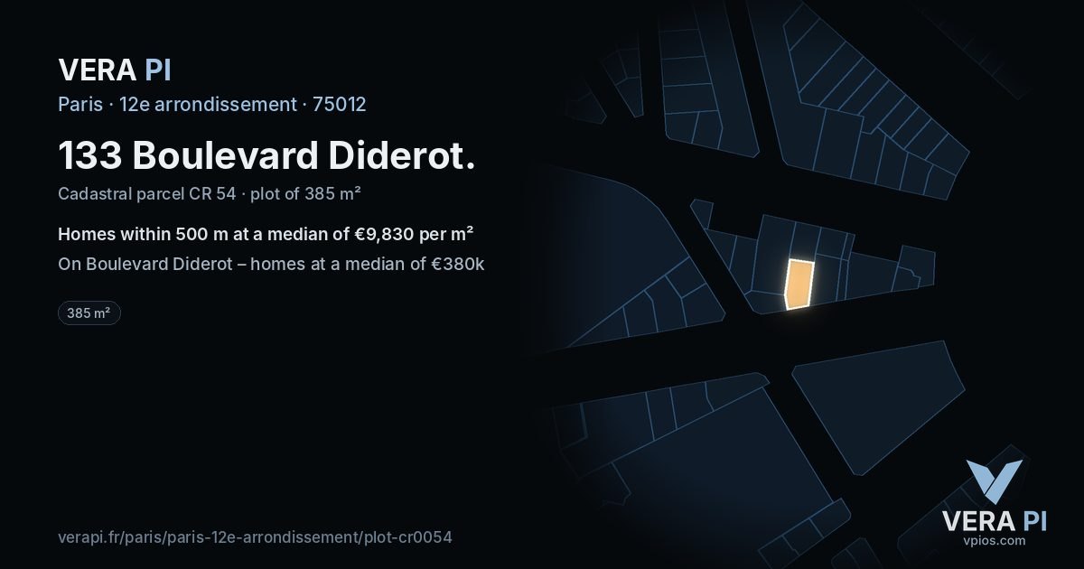 133 Boulevard Diderot, 12e arrondissement at night – the plot lit, the parcels around coloured by the prices near them