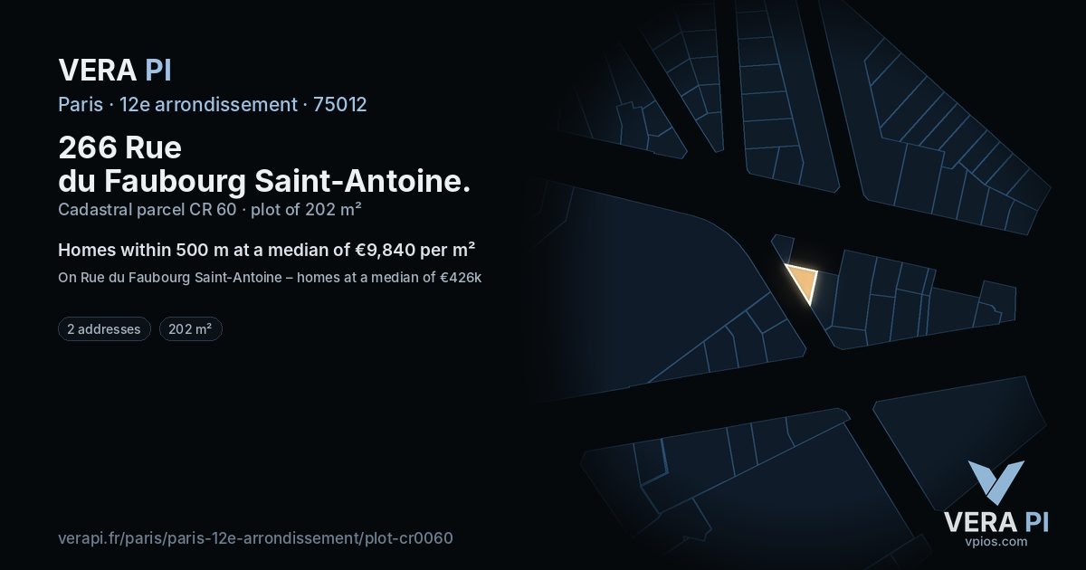 266 Rue du Faubourg Saint-Antoine, 12e arrondissement at night – the plot lit, the parcels around coloured by the prices near them