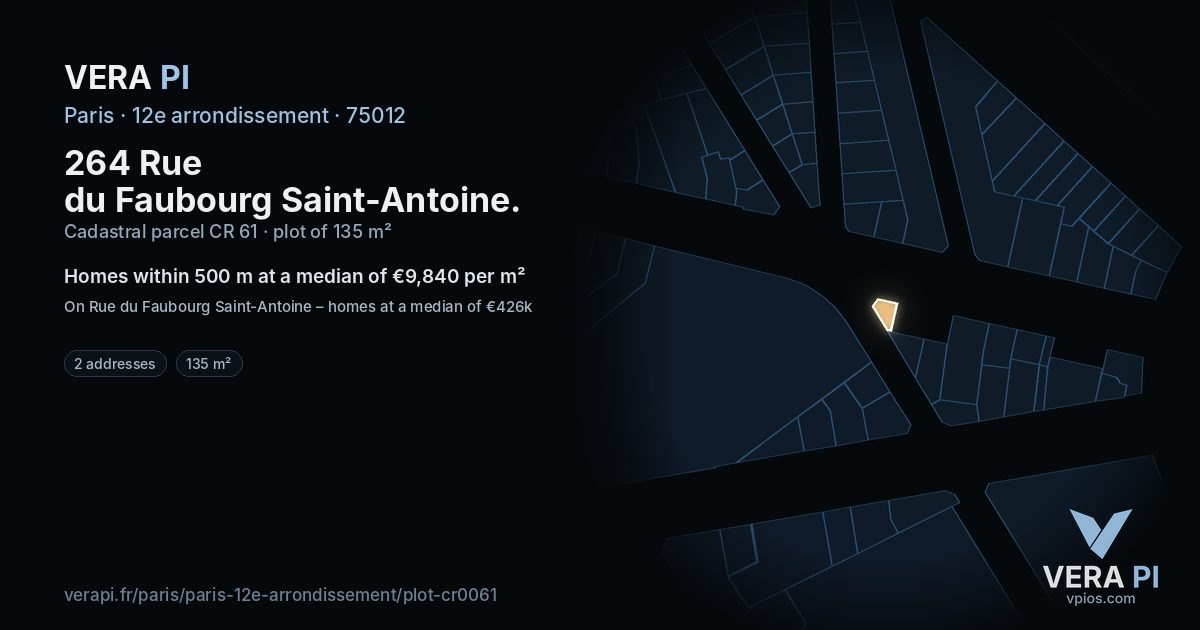 264 Rue du Faubourg Saint-Antoine, 12e arrondissement at night – the plot lit, the parcels around coloured by the prices near them