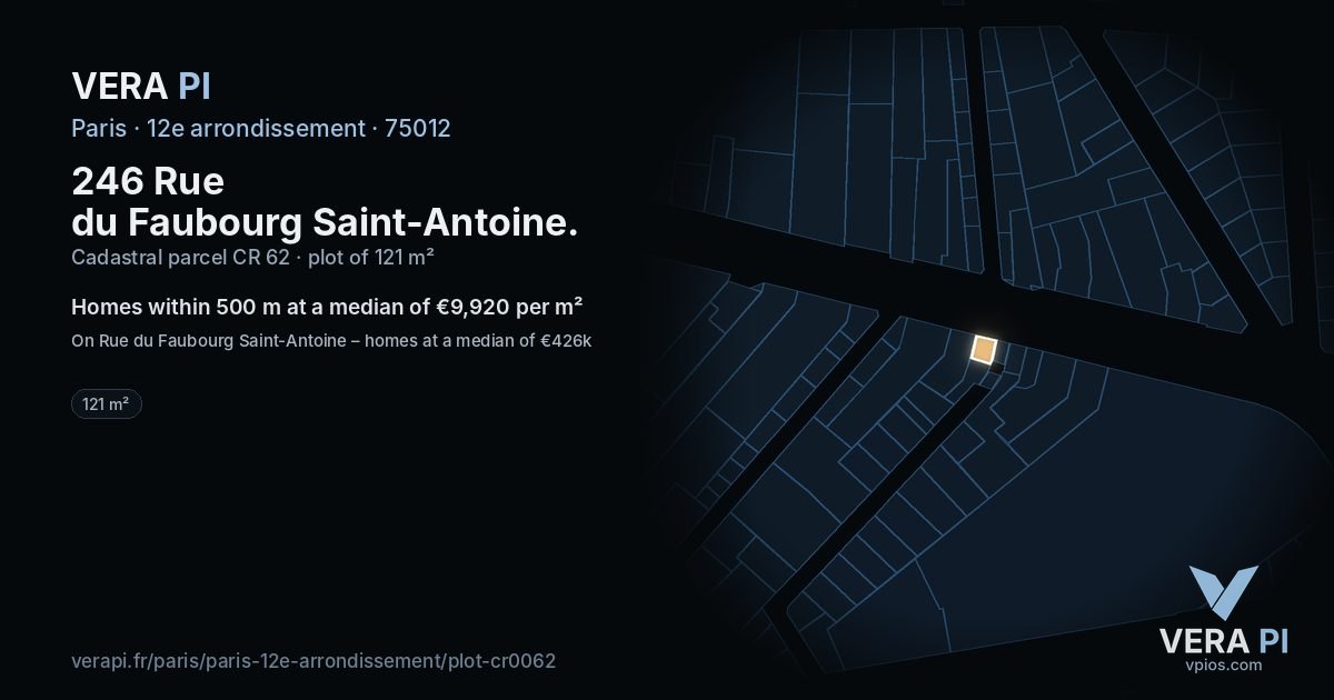246 Rue du Faubourg Saint-Antoine, 12e arrondissement at night – the plot lit, the parcels around coloured by the prices near them