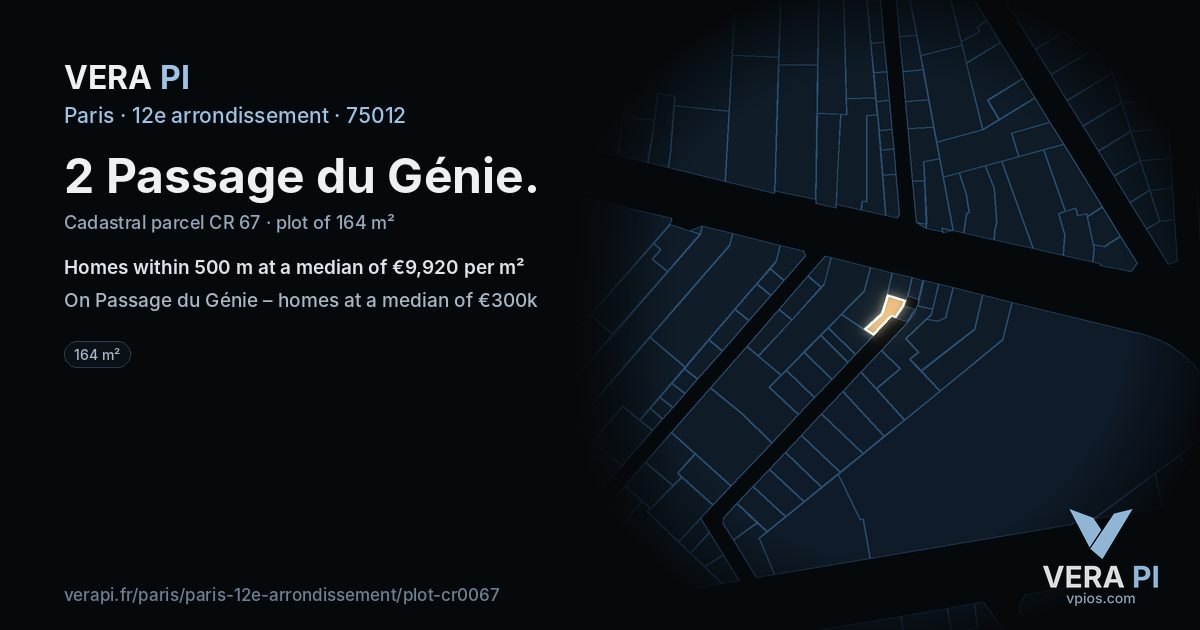 2 Passage du Génie, 12e arrondissement at night – the plot lit, the parcels around coloured by the prices near them