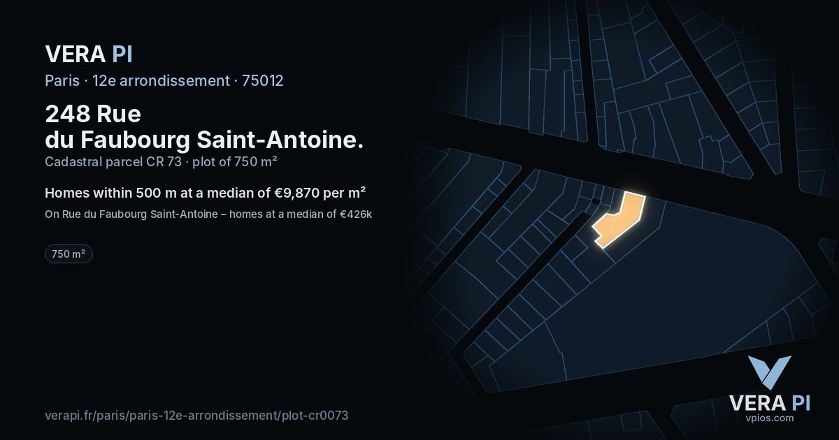 248 Rue du Faubourg Saint-Antoine, 12e arrondissement at night – the plot lit, the parcels around coloured by the prices near them