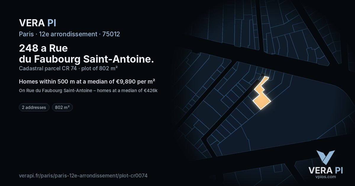 248 a Rue du Faubourg Saint-Antoine, 12e arrondissement at night – the plot lit, the parcels around coloured by the prices near them