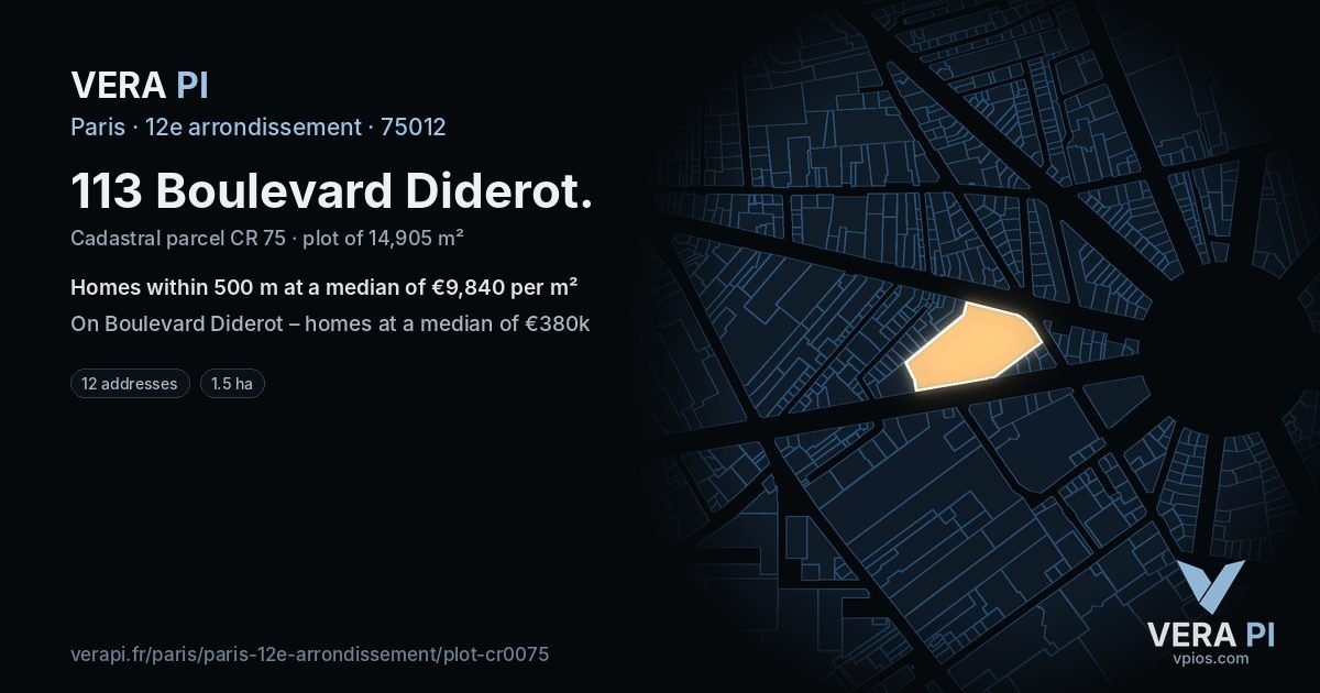 113 Boulevard Diderot, 12e arrondissement at night – the plot lit, the parcels around coloured by the prices near them