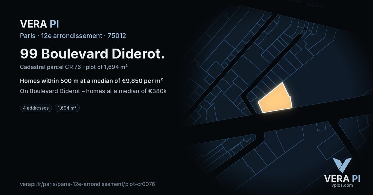 99 Boulevard Diderot, 12e arrondissement at night – the plot lit, the parcels around coloured by the prices near them