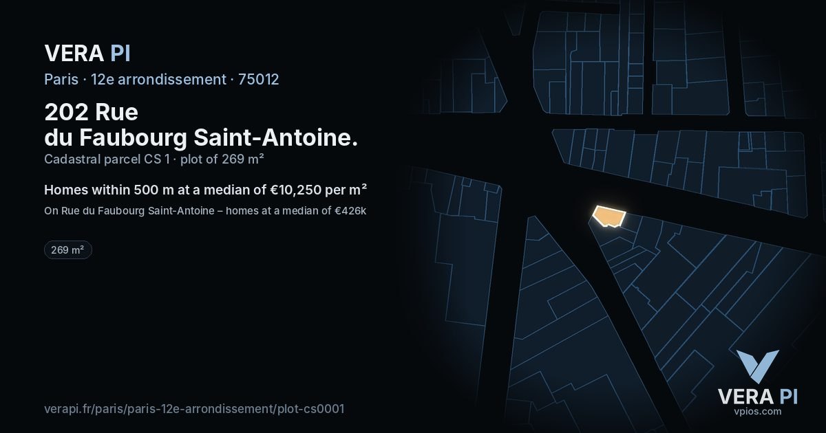 202 Rue du Faubourg Saint-Antoine, 12e arrondissement at night – the plot lit, the parcels around coloured by the prices near them