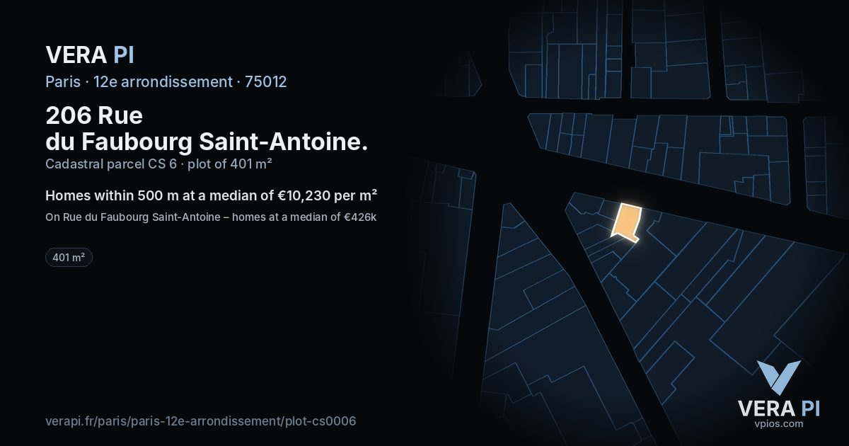 206 Rue du Faubourg Saint-Antoine, 12e arrondissement at night – the plot lit, the parcels around coloured by the prices near them