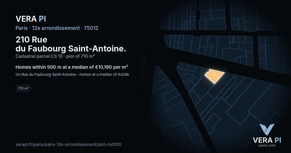 210 Rue du Faubourg Saint-Antoine, 12e arrondissement at night – the plot lit, the parcels around coloured by the prices near them