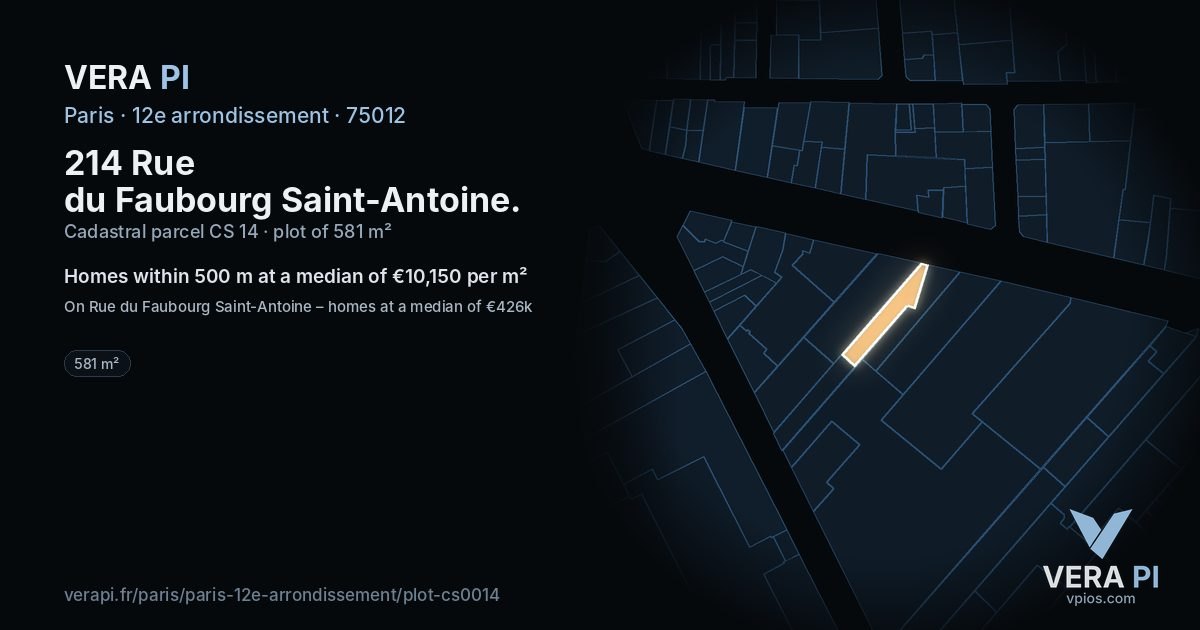 214 Rue du Faubourg Saint-Antoine, 12e arrondissement at night – the plot lit, the parcels around coloured by the prices near them