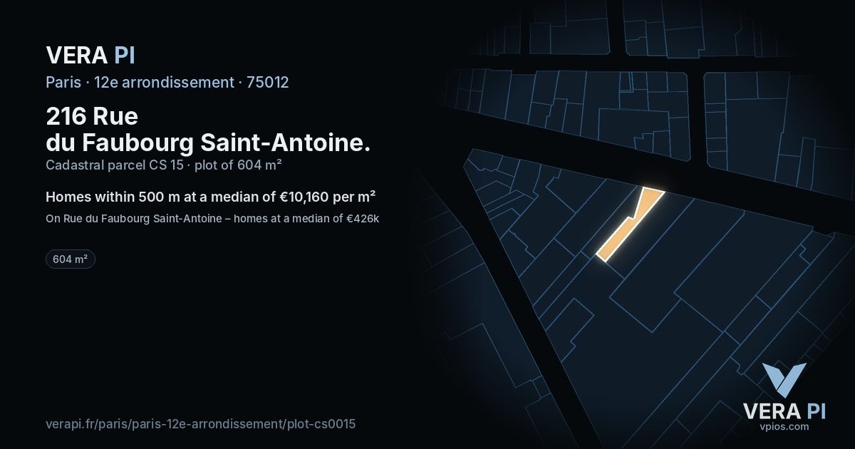 216 Rue du Faubourg Saint-Antoine, 12e arrondissement at night – the plot lit, the parcels around coloured by the prices near them