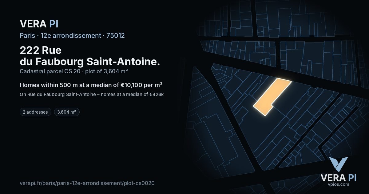 222 Rue du Faubourg Saint-Antoine, 12e arrondissement at night – the plot lit, the parcels around coloured by the prices near them