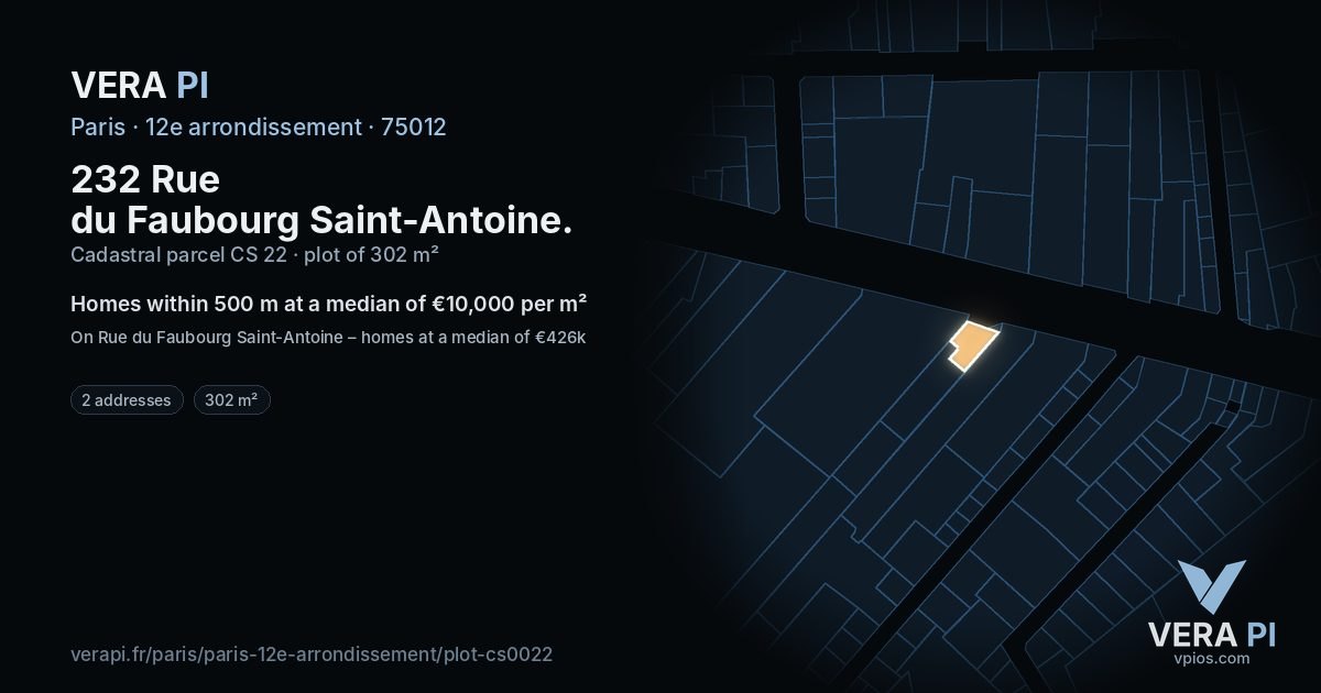 232 Rue du Faubourg Saint-Antoine, 12e arrondissement at night – the plot lit, the parcels around coloured by the prices near them