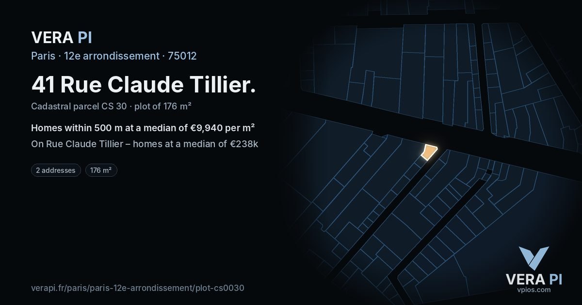 41 Rue Claude Tillier, 12e arrondissement at night – the plot lit, the parcels around coloured by the prices near them