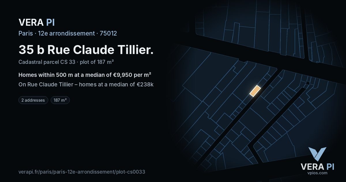 35 b Rue Claude Tillier, 12e arrondissement at night – the plot lit, the parcels around coloured by the prices near them