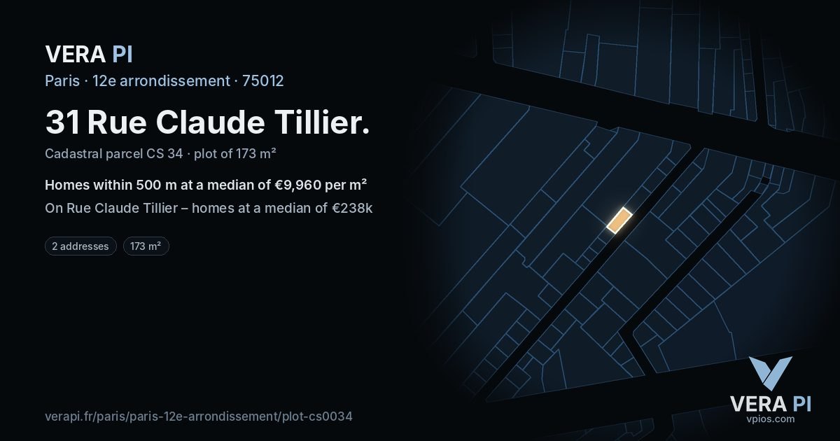31 Rue Claude Tillier, 12e arrondissement at night – the plot lit, the parcels around coloured by the prices near them