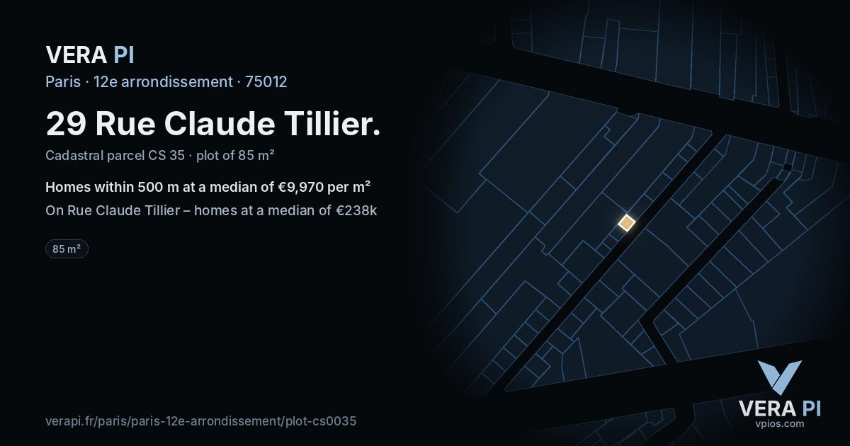 29 Rue Claude Tillier, 12e arrondissement at night – the plot lit, the parcels around coloured by the prices near them