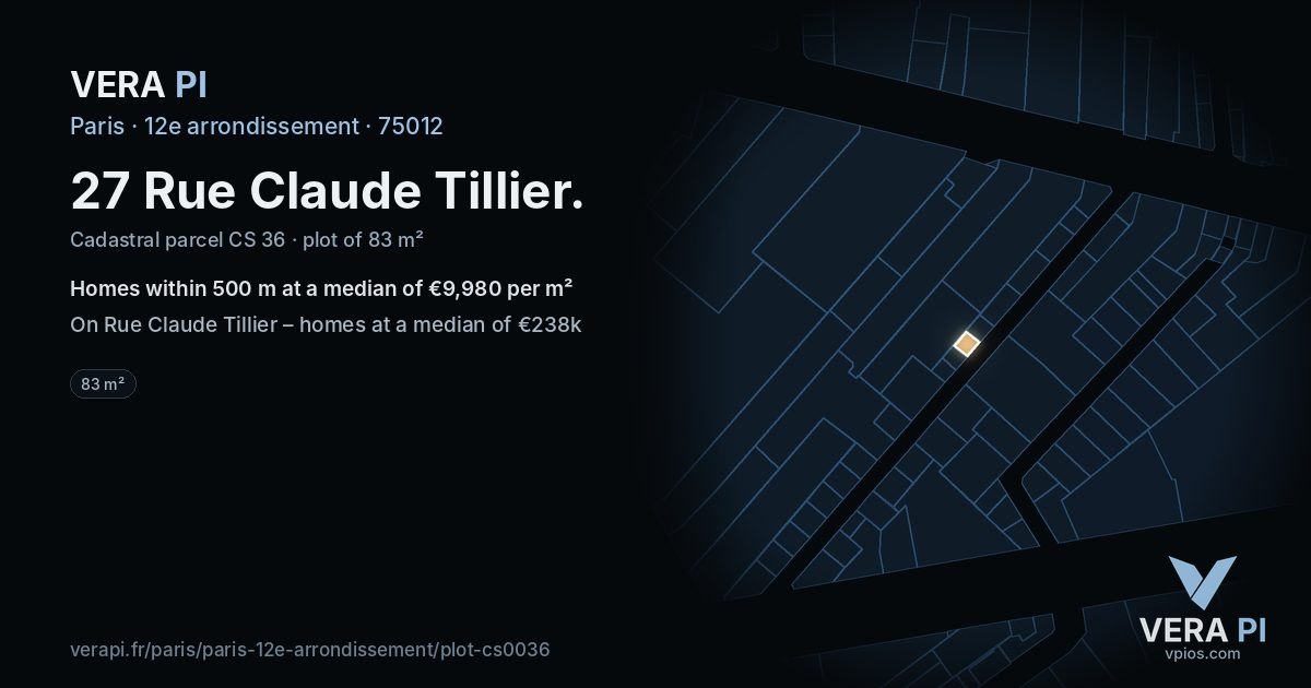 27 Rue Claude Tillier, 12e arrondissement at night – the plot lit, the parcels around coloured by the prices near them