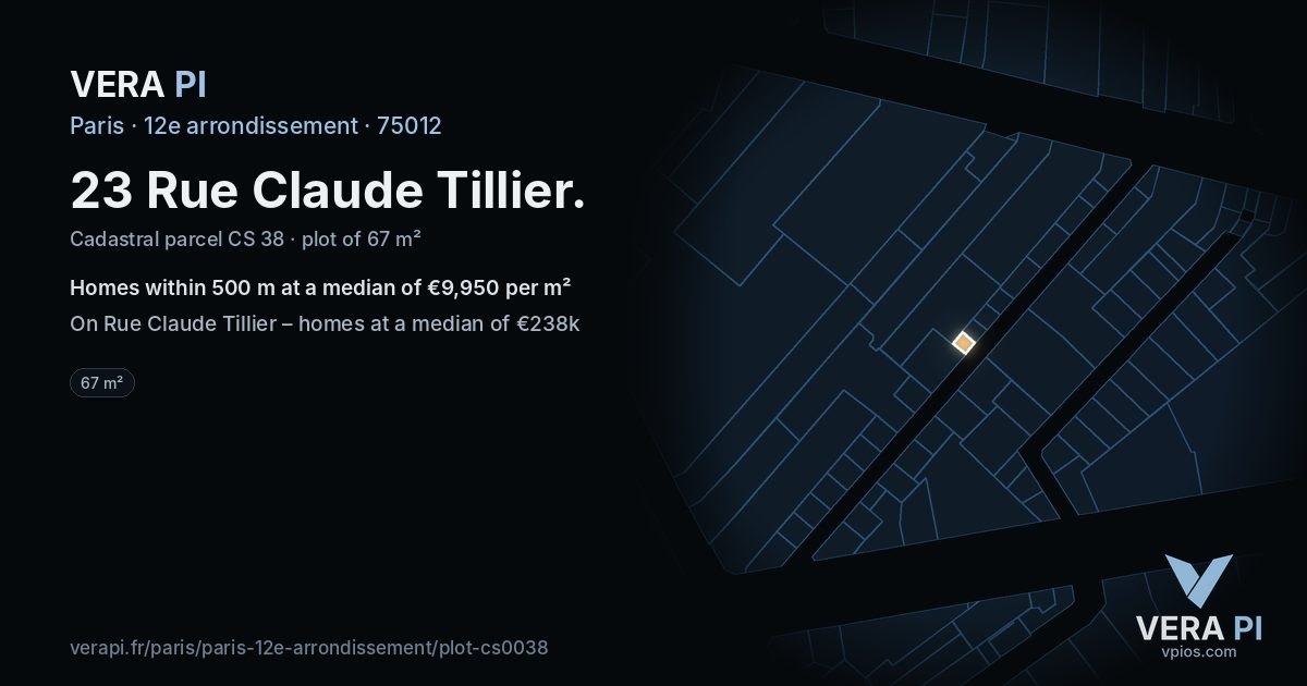 23 Rue Claude Tillier, 12e arrondissement at night – the plot lit, the parcels around coloured by the prices near them