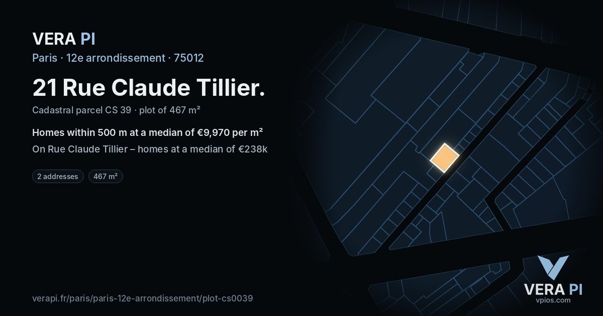 21 Rue Claude Tillier, 12e arrondissement at night – the plot lit, the parcels around coloured by the prices near them