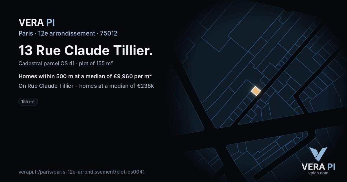13 Rue Claude Tillier, 12e arrondissement at night – the plot lit, the parcels around coloured by the prices near them