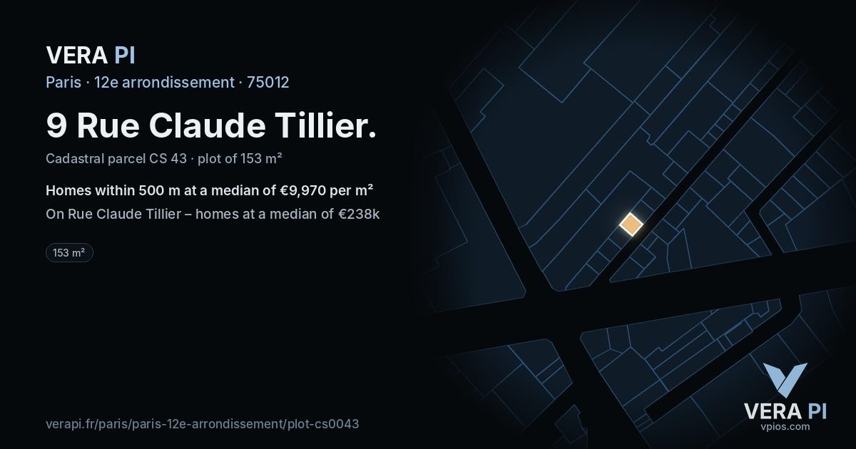 9 Rue Claude Tillier, 12e arrondissement at night – the plot lit, the parcels around coloured by the prices near them