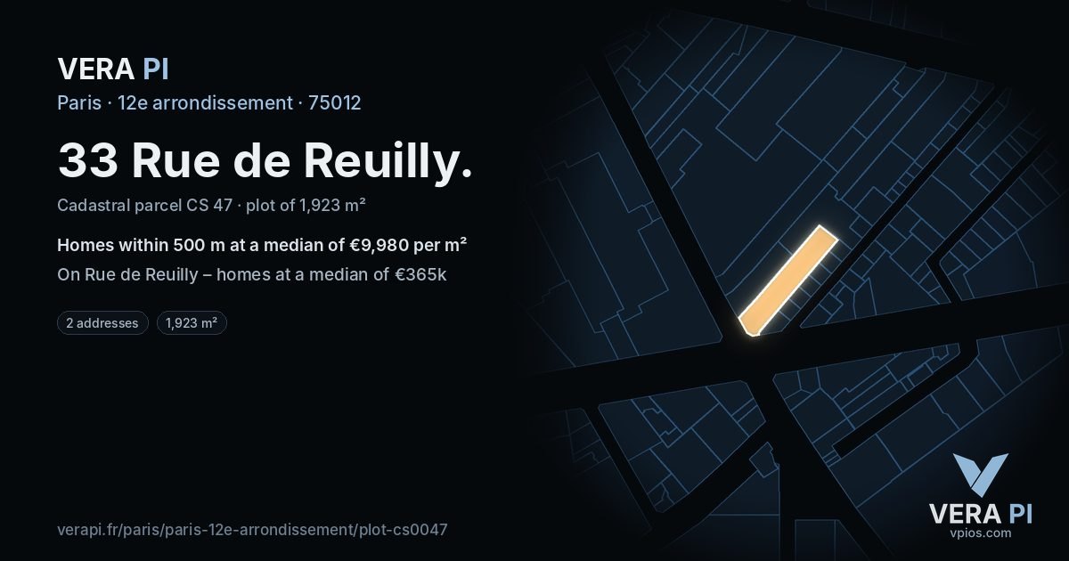 33 Rue de Reuilly, 12e arrondissement at night – the plot lit, the parcels around coloured by the prices near them