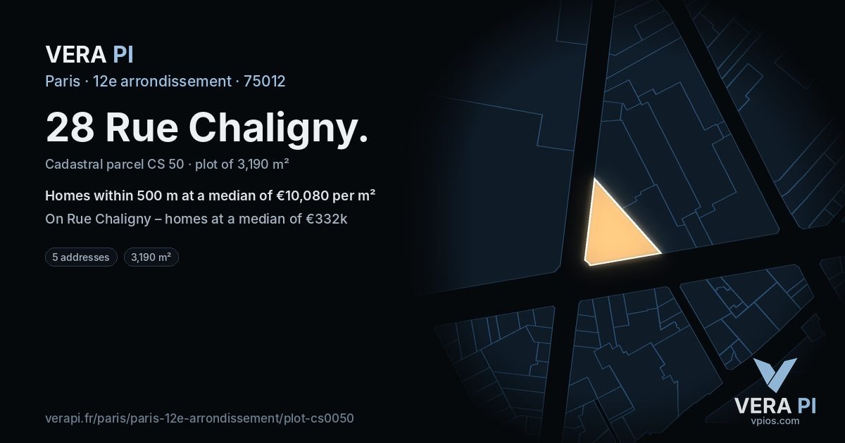 28 Rue Chaligny, 12e arrondissement at night – the plot lit, the parcels around coloured by the prices near them