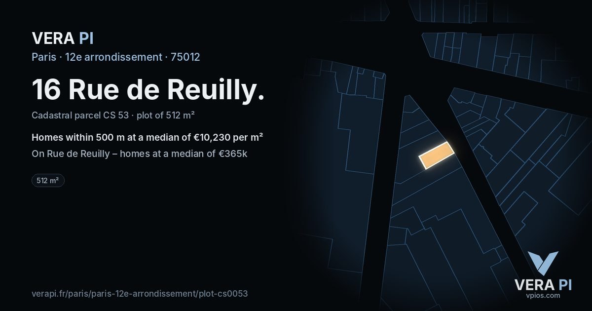 16 Rue de Reuilly, 12e arrondissement at night – the plot lit, the parcels around coloured by the prices near them