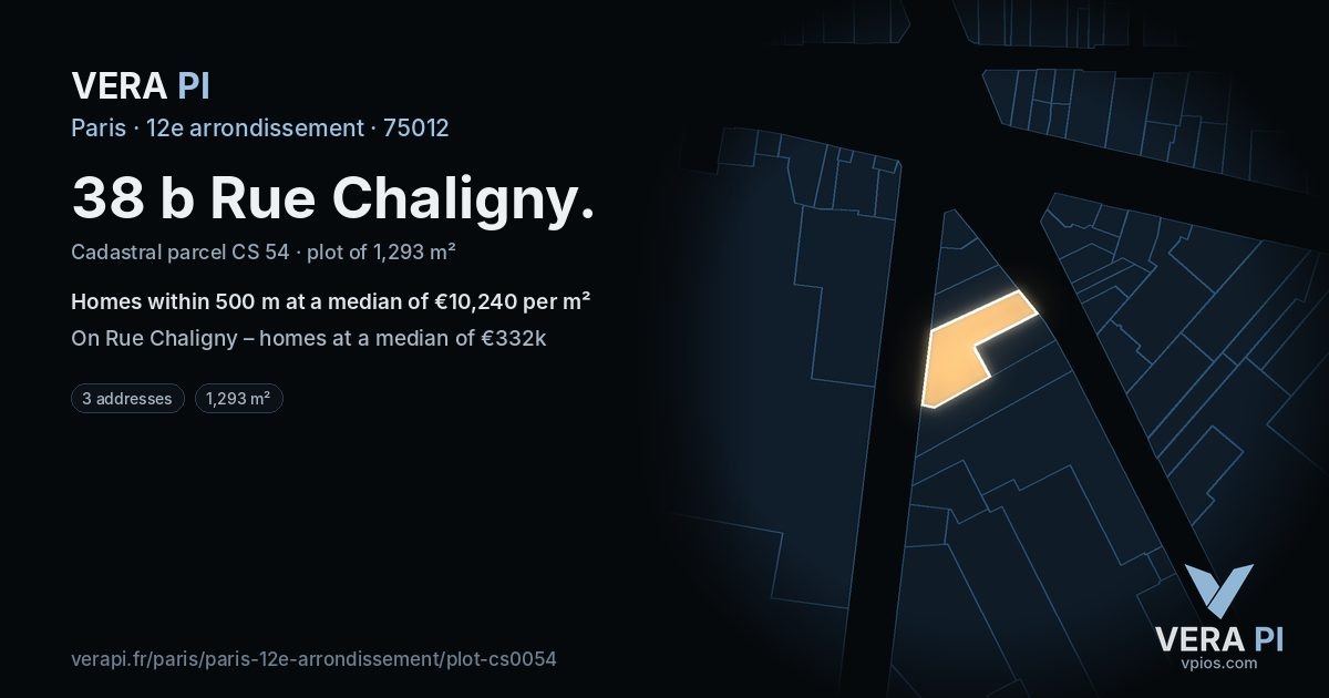 38 b Rue Chaligny, 12e arrondissement at night – the plot lit, the parcels around coloured by the prices near them
