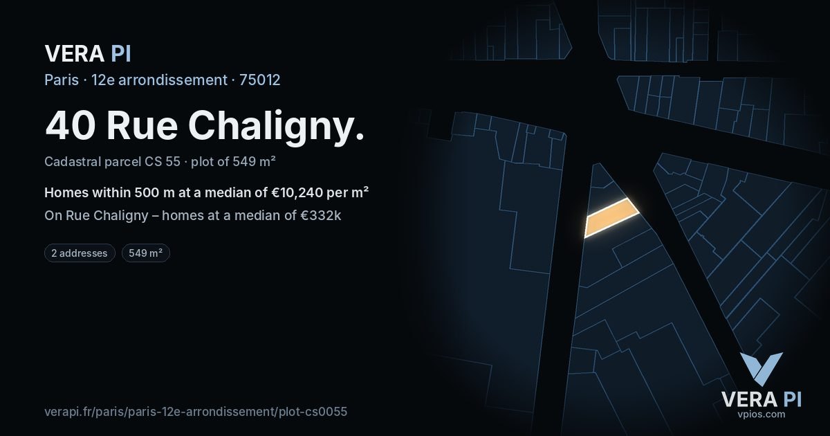 40 Rue Chaligny, 12e arrondissement at night – the plot lit, the parcels around coloured by the prices near them