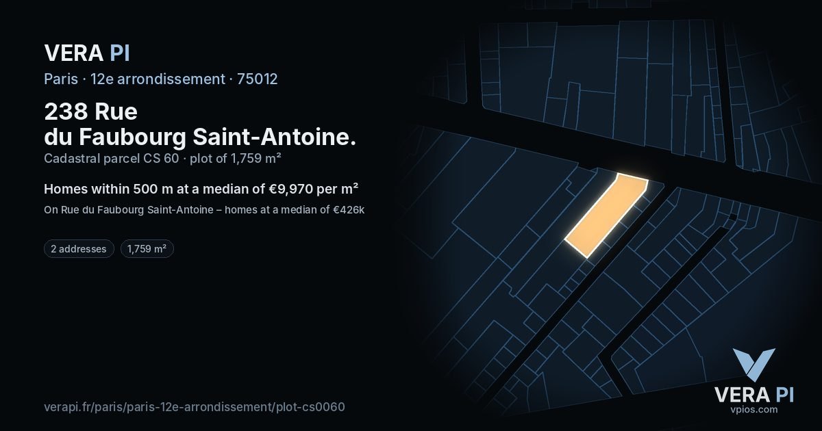 238 Rue du Faubourg Saint-Antoine, 12e arrondissement at night – the plot lit, the parcels around coloured by the prices near them