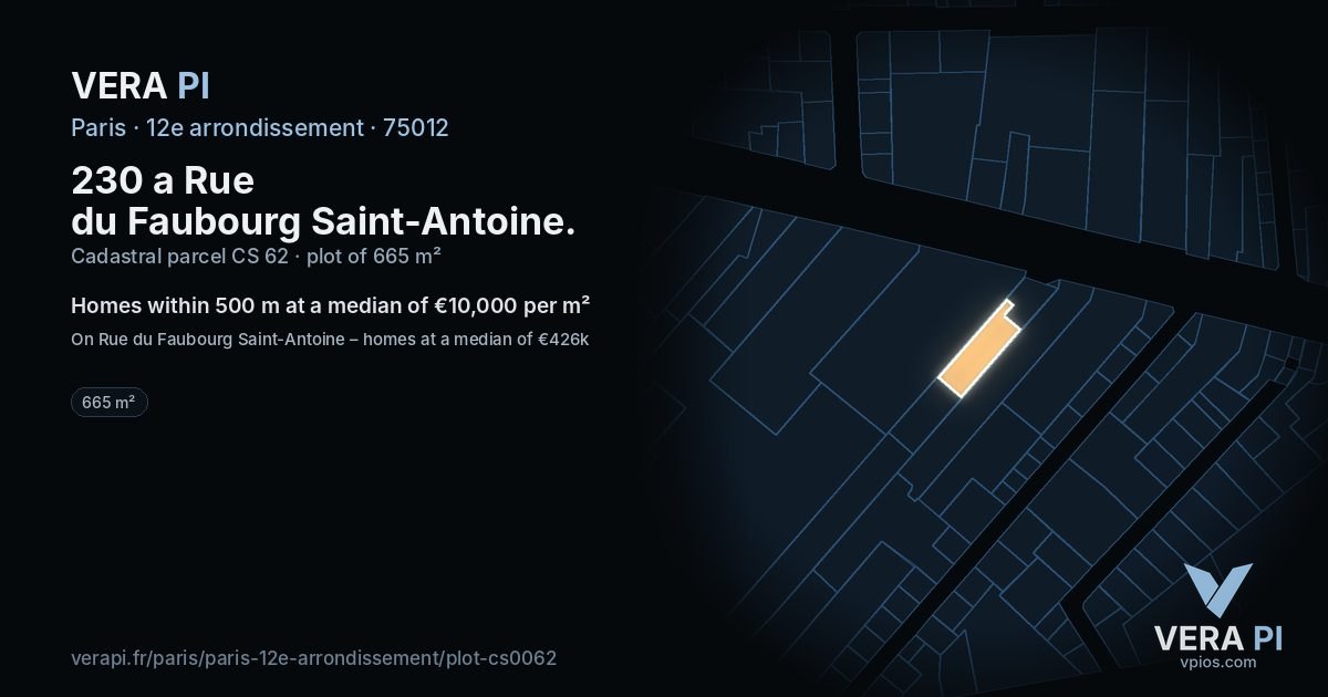 230 a Rue du Faubourg Saint-Antoine, 12e arrondissement at night – the plot lit, the parcels around coloured by the prices near them