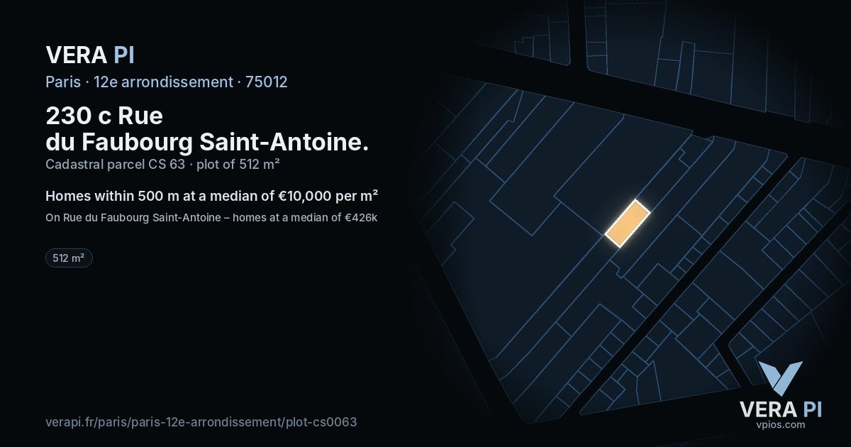 230 c Rue du Faubourg Saint-Antoine, 12e arrondissement at night – the plot lit, the parcels around coloured by the prices near them