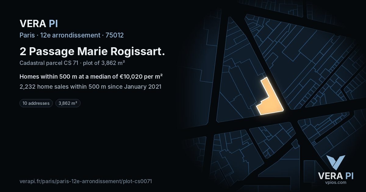 2 Passage Marie Rogissart, 12e arrondissement at night – the plot lit, the parcels around coloured by the prices near them