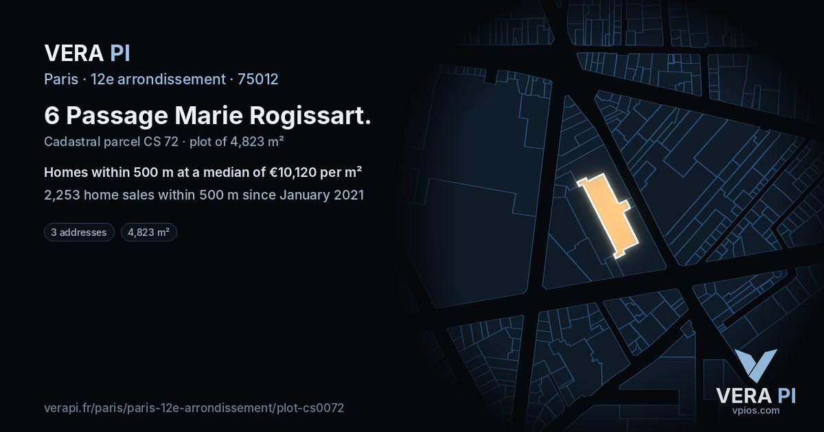 6 Passage Marie Rogissart, 12e arrondissement at night – the plot lit, the parcels around coloured by the prices near them