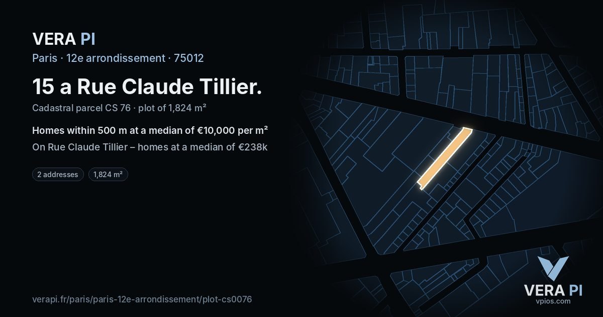 15 a Rue Claude Tillier, 12e arrondissement at night – the plot lit, the parcels around coloured by the prices near them