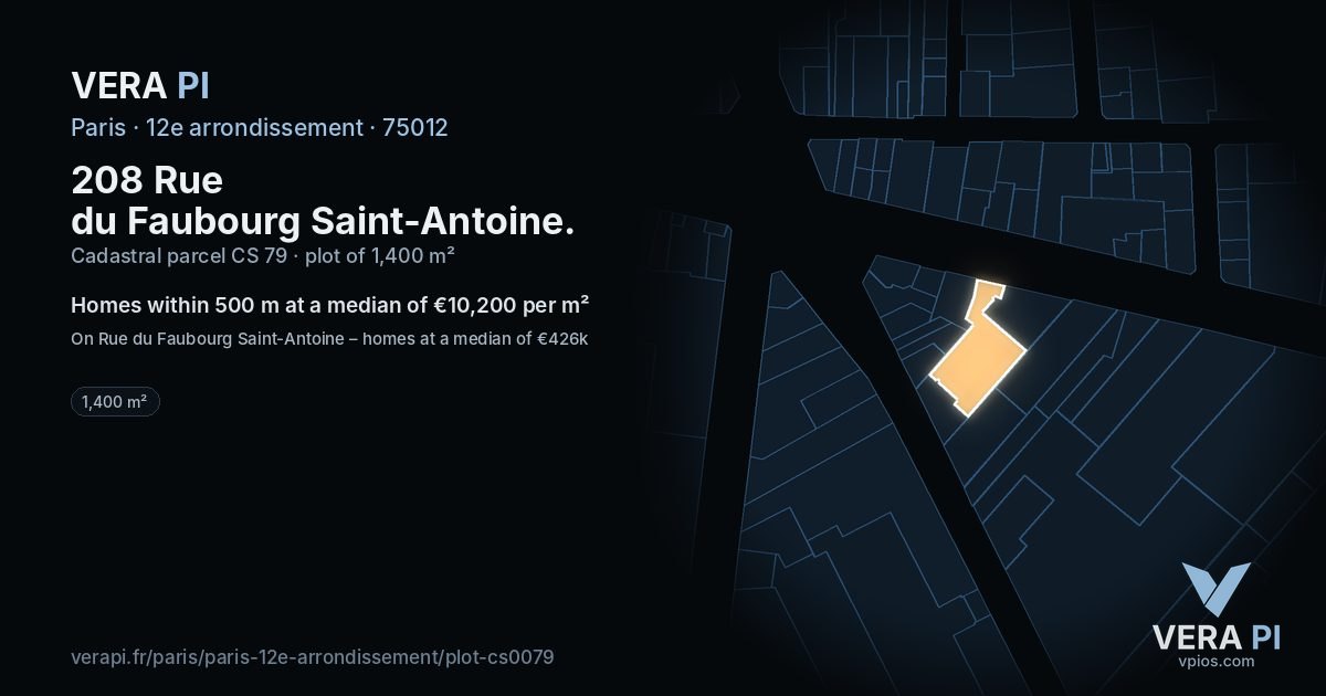 208 Rue du Faubourg Saint-Antoine, 12e arrondissement at night – the plot lit, the parcels around coloured by the prices near them