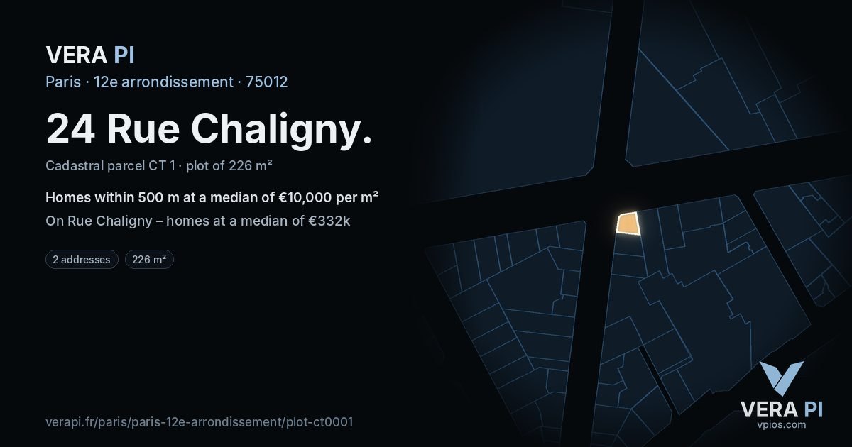 24 Rue Chaligny, 12e arrondissement at night – the plot lit, the parcels around coloured by the prices near them