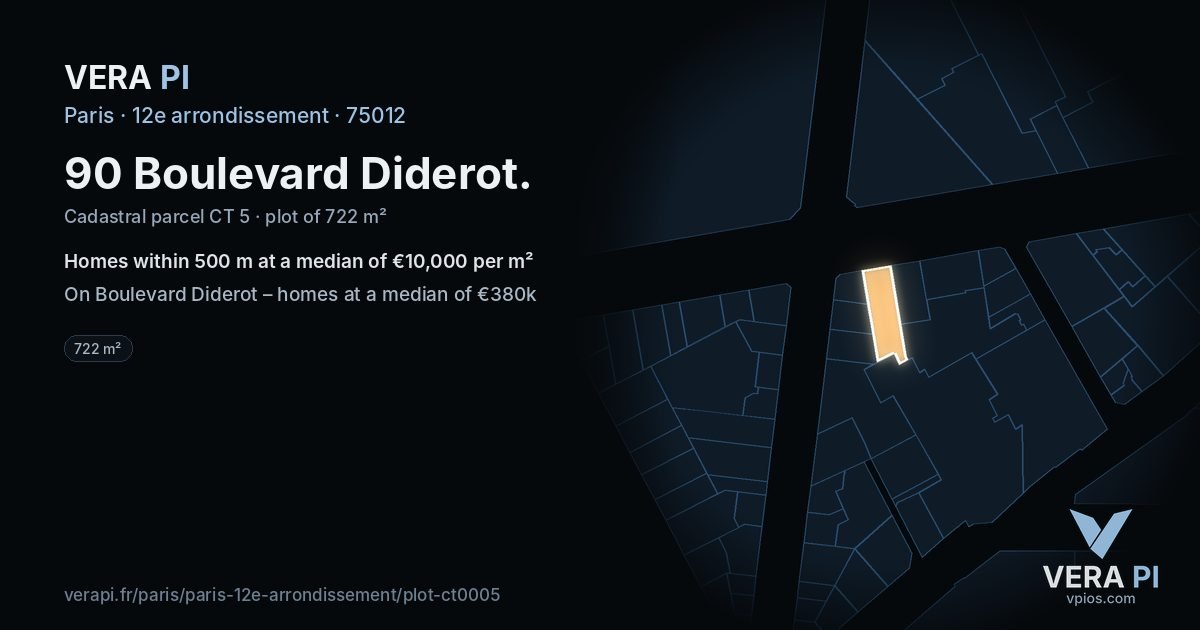 90 Boulevard Diderot, 12e arrondissement at night – the plot lit, the parcels around coloured by the prices near them