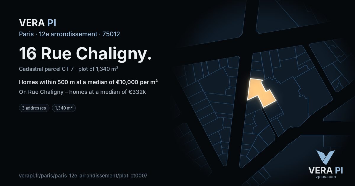 16 Rue Chaligny, 12e arrondissement at night – the plot lit, the parcels around coloured by the prices near them